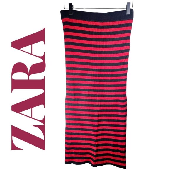 ZARA NAUTICAL STRIPED RIBBED KNIT STRETCHY MIDI PENCIL SKIRT FALL RED BLACK, Med - Picture 7 of 9